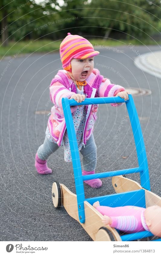 Get away...! Human being Feminine Baby Toddler Girl 1 0 - 12 months Walking Scream Athletic Emotions Moody Doll carriages Street Colour photo Exterior shot