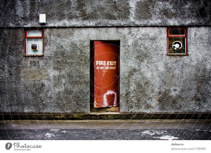 Red fire exit door in a dirty New York alley way. Blaze Way out Wall (building) Gray Alley Derelict Warning label Warning sign grey Street backalley Shabby