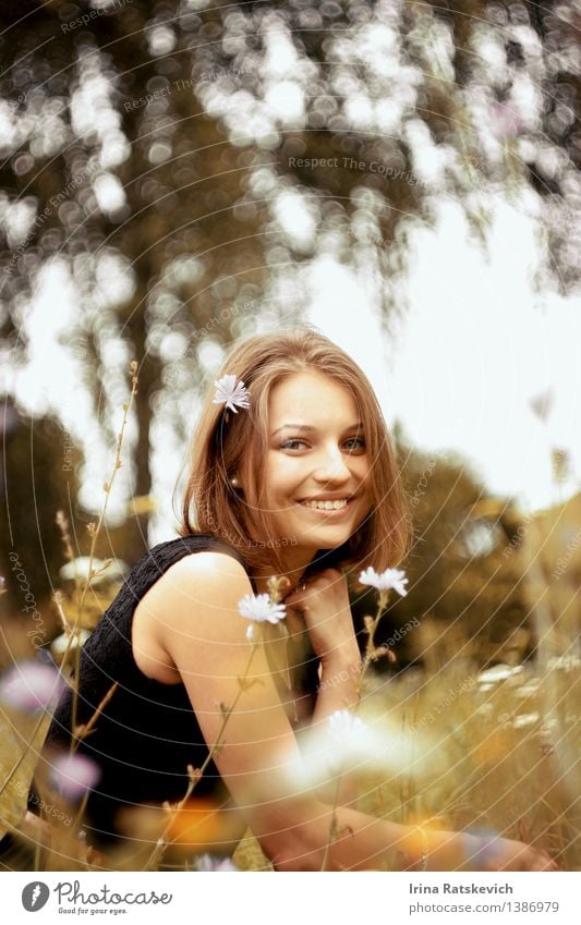 smiley girl in grass Young woman Youth (Young adults) Hair and hairstyles Face Teeth 1 Human being 18 - 30 years Adults Nature Landscape Sun Beautiful weather