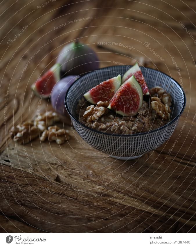 FigSnack Food Fruit Dessert Nutrition Eating Breakfast Diet Moody Food photograph Fig leaf Arranged Wooden table Bowl Healthy Eating Walnut porridge Cereal