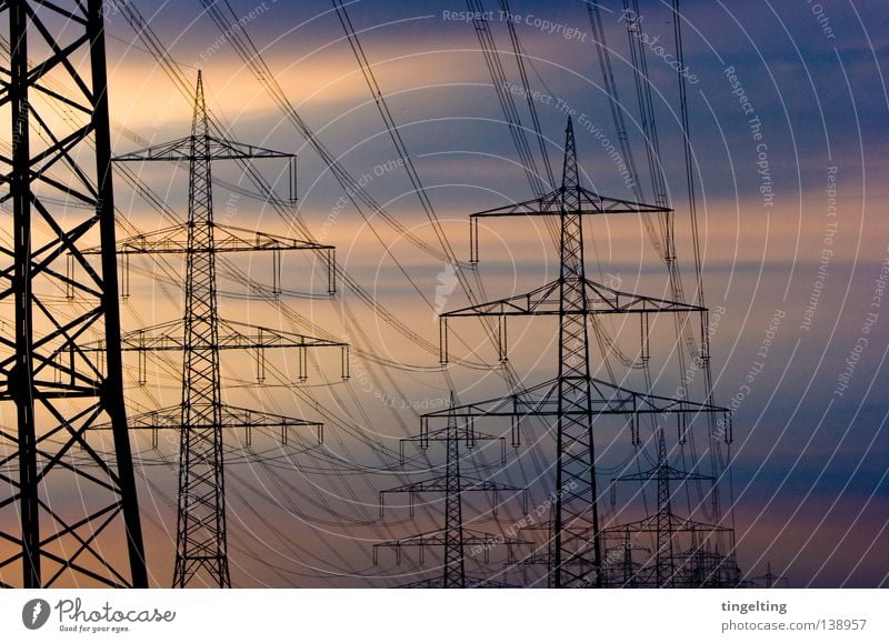 we are many Electricity pylon Overhead line Twilight Clouds Smear Yellow Black Detail Cable Line Evening Sky Blue Orange Structures and shapes