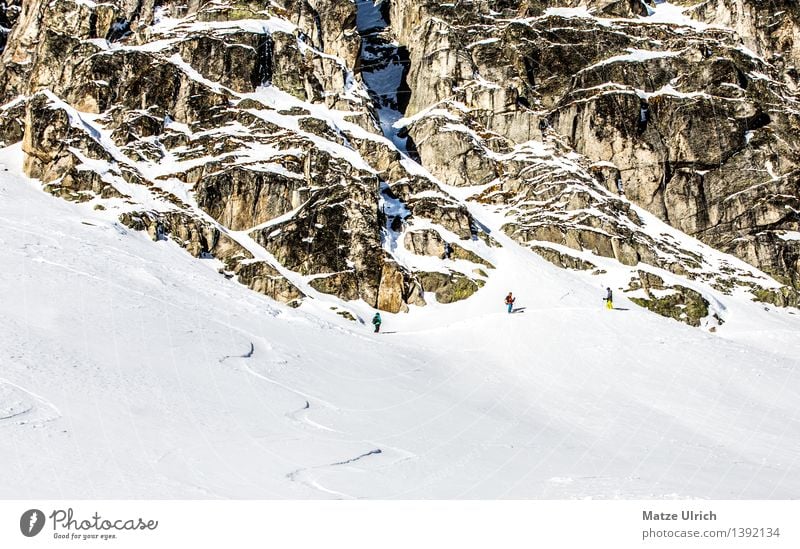 Up to the mountain. Sports Winter sports Sportsperson Skiing Skis Free skiing Human being 3 Environment Beautiful weather Ice Frost Snow Hill Rock Alps Mountain