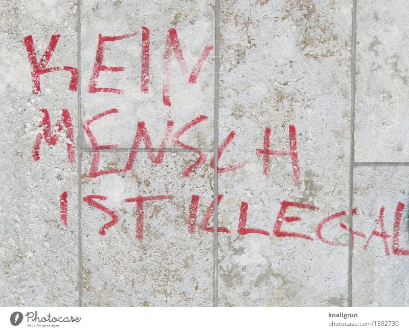 no man is illegal Wall (barrier) Wall (building) Facade Characters Graffiti Communicate Town Brown Red White Emotions Moody Acceptance Loyal Compassion Peaceful