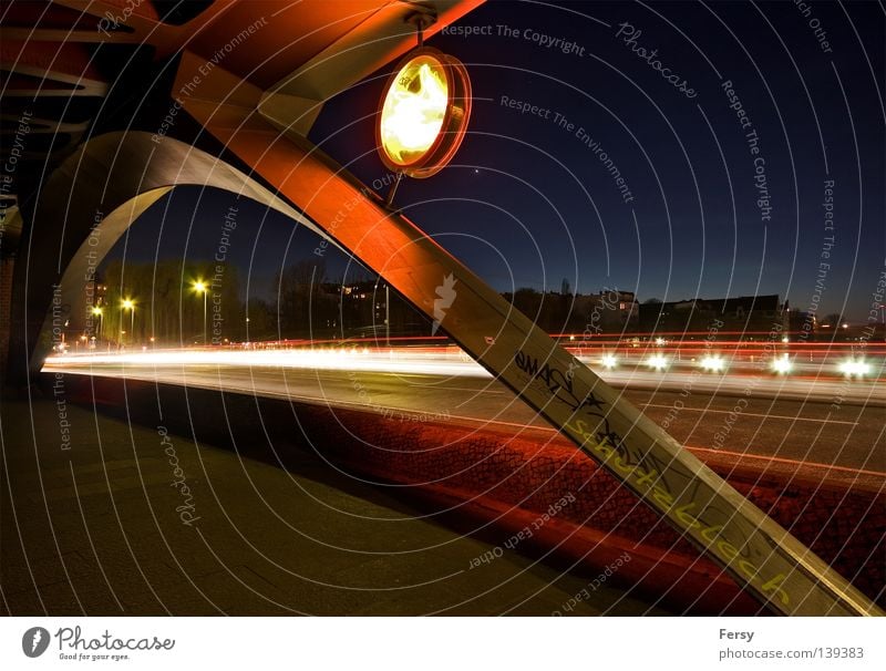 urban traffic Oberbaum City Night Light Neon sign Germany Long exposure Bridge Berlin Blue Sky space