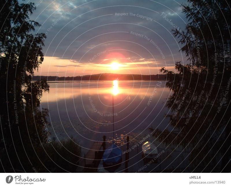 sunrise Sunrise Fir tree Tree Footbridge Watercraft Sailboat Sailing Reflection Water reflection Morning Clouds sun rise sunup sun-up Electricity pylon River