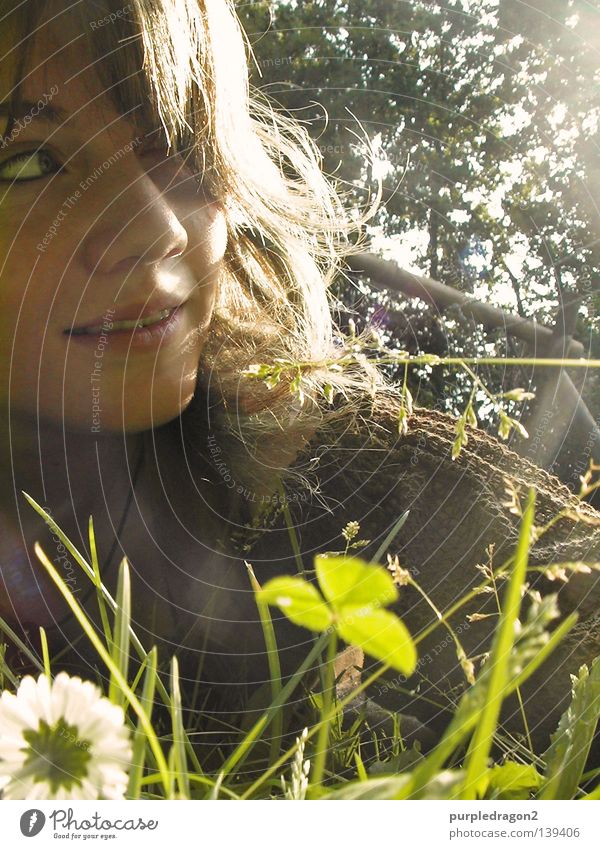 Well, awake already? Grass Clover Daisy Woman Wake up Swing Tree Midday Light Dress Joy Summer Hair and hairstyles Sun Lie Laughter Medieval times Chain