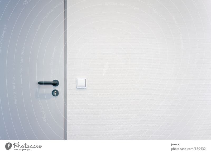 The new office Office work Wall (barrier) Wall (building) Door Lock Simple Bright Clean Gloomy Gray White Arrangement Closed Door handle Light switch Impersonal