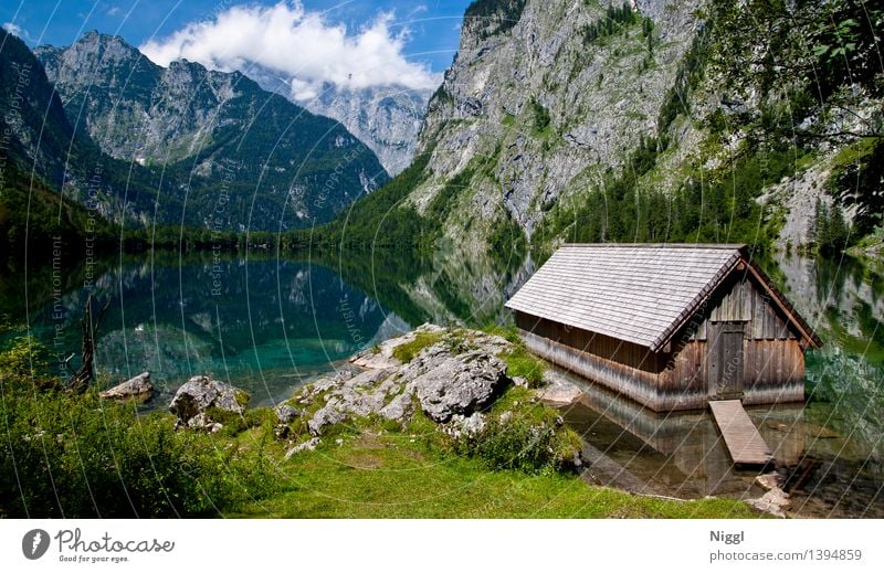 Königssee Environment Nature Landscape Water Sky Clouds Sunlight Spring Summer Weather Beautiful weather Grass Alps Mountain Watzmann Peak Snowcapped peak