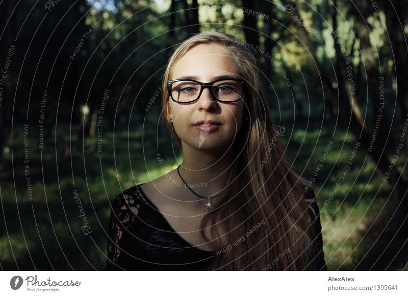 field trip Trip Adventure Young woman Youth (Young adults) Face 18 - 30 years Adults Nature Plant Beautiful weather Tree Forest Dress Eyeglasses Blonde