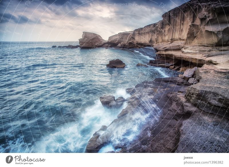 meetings Nature Landscape Sky Clouds Horizon Rock Waves Coast Ocean Large Wild Blue Brown White Environment Infinity Far-off places Erosion Colour photo