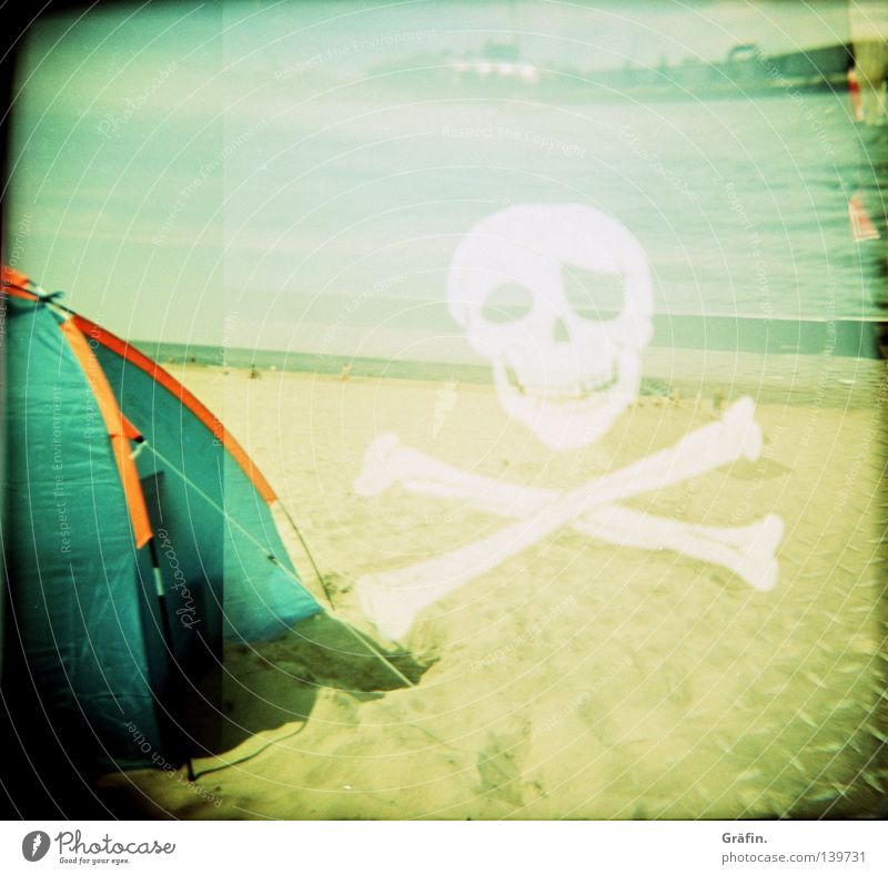 Tribute to leicagirl Tent Beach Ocean Horizon Flag Skeleton Pirate Holga Double exposure Surf White Black Medium format Roll film Caper Board ship Lomography