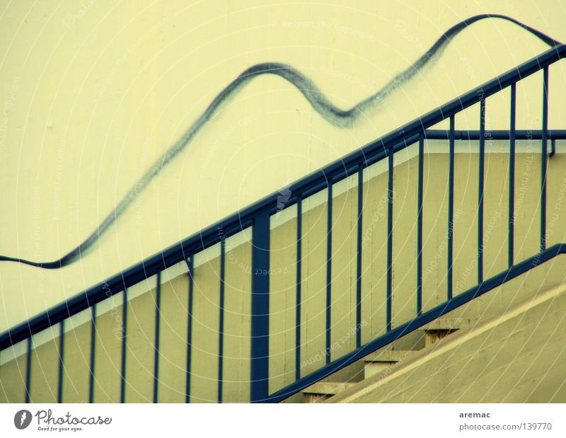 loosening Concrete Detail Graffiti Mural painting Stairs Handrail Blue Line Metal Upward Wavy line