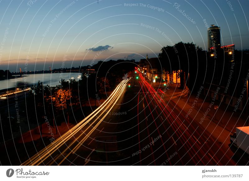 Rhine Traffic Long exposure High-rise Night Night shot Evening Avenue Transport Watercraft Duesseldorf Bridge Street Floodlight Dusk Car