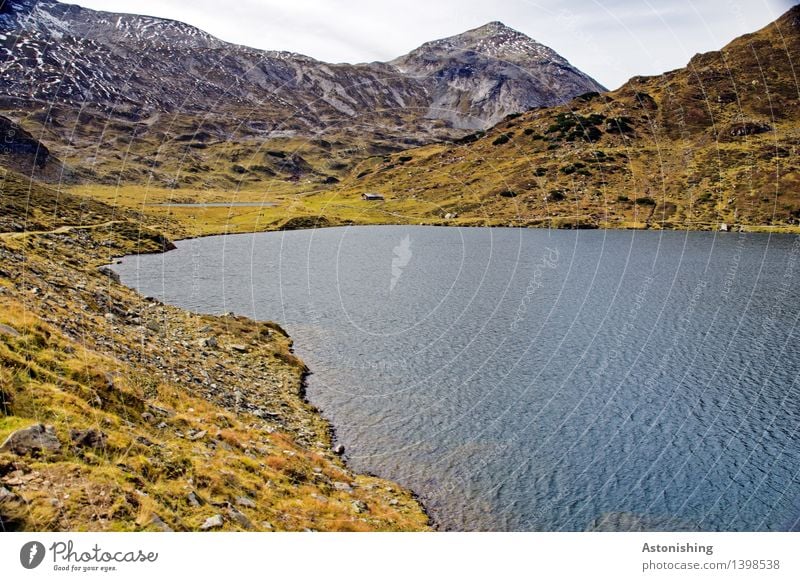 Lake & Summit Environment Nature Landscape Plant Earth Water Sky Clouds Horizon Autumn Weather Grass Bushes Hill Rock Alps Mountain Peak Snowcapped peak Waves