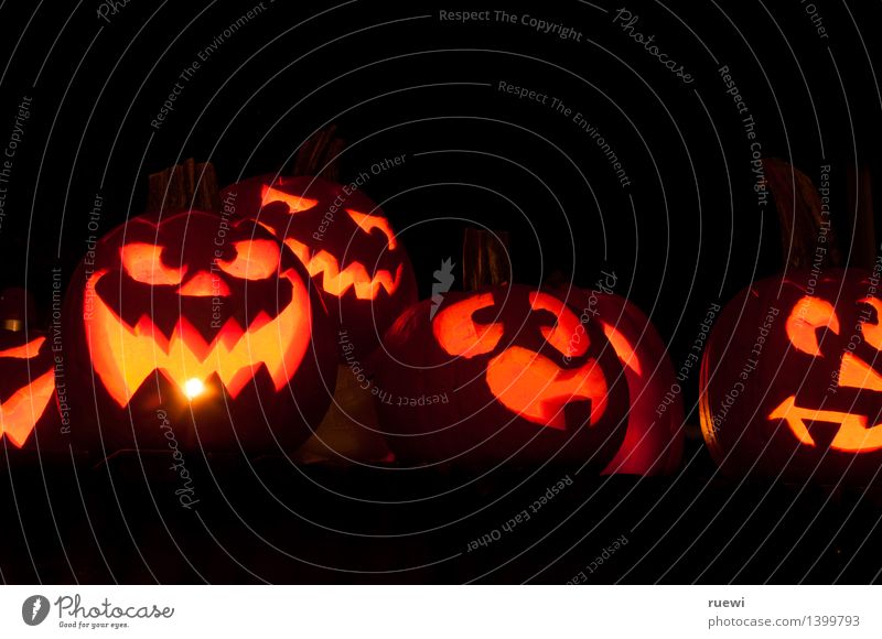 Six glowing Halloween pumpkins Food Pumpkin Living or residing Party Hallowe'en All Saints' Day Art Sculpture Fire Autumn Illuminate Threat Dark Creepy Funny