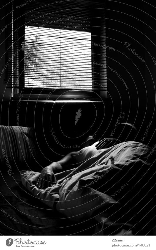 SUNDAY 9.00 a.m. Bed Sleep Rest Light Window Room Glittering Black White Simple Man Masculine Silhouette Vantage point Sunday Morning Arise Dream Human being