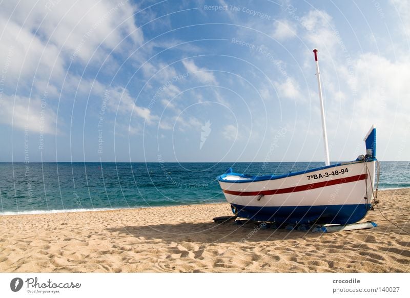 The boat Watercraft Spain Driving Fisherman Fishing (Angle) Fishery Angler Beach Sun Clouds Waves Surf Red Blue White Shadow Horizon Ocean Services Harbour