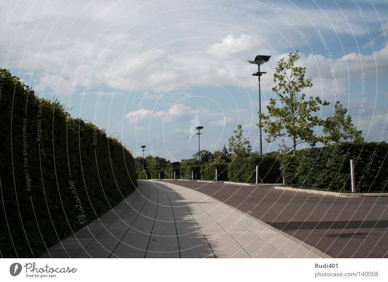 parking void Empty Parking lot Green Sky Geometry Wait Lantern Lamp Rectangle Loneliness Concrete Hedge Traffic infrastructure Boredom