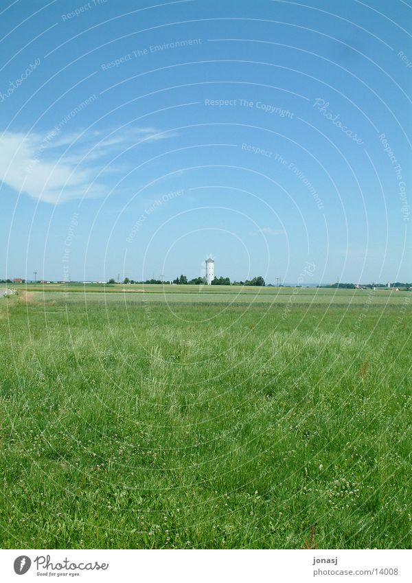 The water tower Cistern Meadow Water tower Structures and shapes Village Green Horizon Tower Sky Landscape Americas Far-off places Blue Vantage point