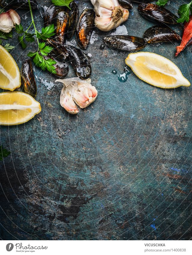 Mussels with lemon and ingredients for cooking Food Seafood Herbs and spices Nutrition Lunch Dinner Buffet Brunch Banquet Organic produce Vegetarian diet Diet