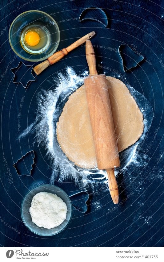 Preparation of Christmas cookies Table Kitchen Make Cut Cutter Knife Egg Flour Gingerbread Home-made Rolling pin Colour photo Deserted Day Bird's-eye view