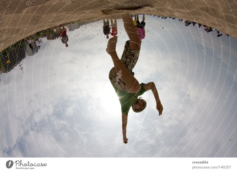 *jump* Jump Beach Hat Curved Distorted Sky Clouds Joy Fisheye Youth (Young adults) peta t-shirt. pants bathe. swim fly. air float. fisheye