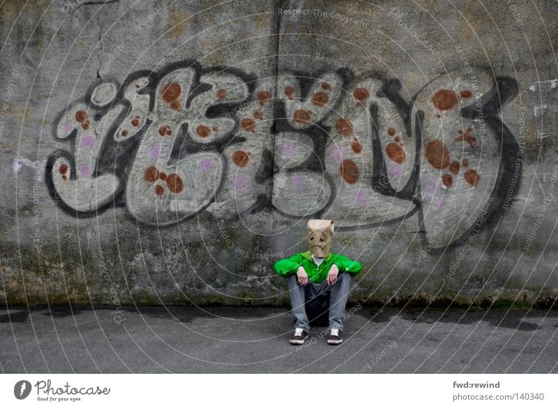 Days like this Green Mask Graffiti Inscription Self portrait Paper bag Grief Loneliness Tragic Tragedy Human being Monster Freak Sounds of levity Town Distress