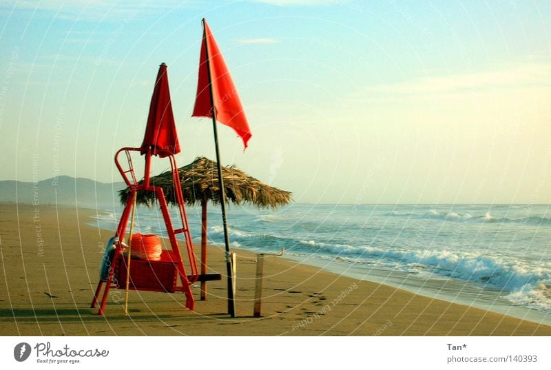 In the morning on the beach Red Flag Clouds Bad weather Ocean Beach Empty Loneliness Fog Waves Panorama (View) Sardinia Coast Italy Blue Morning Sand Shadow Sky