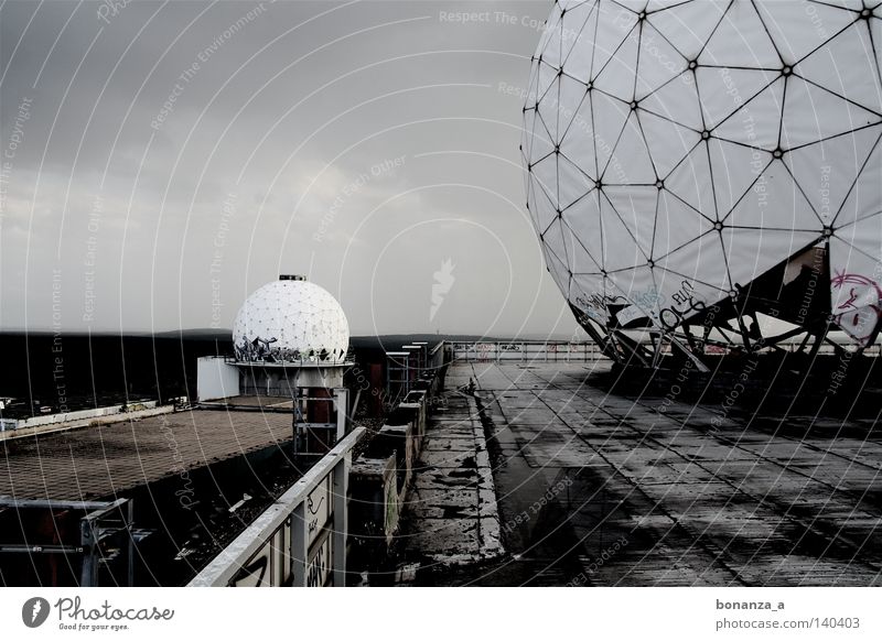 radar Subdued colour Exterior shot Detail Twilight Far-off places Moon Architecture Graffiti Net Sadness Dark Round Grief Loneliness Radar station Platform