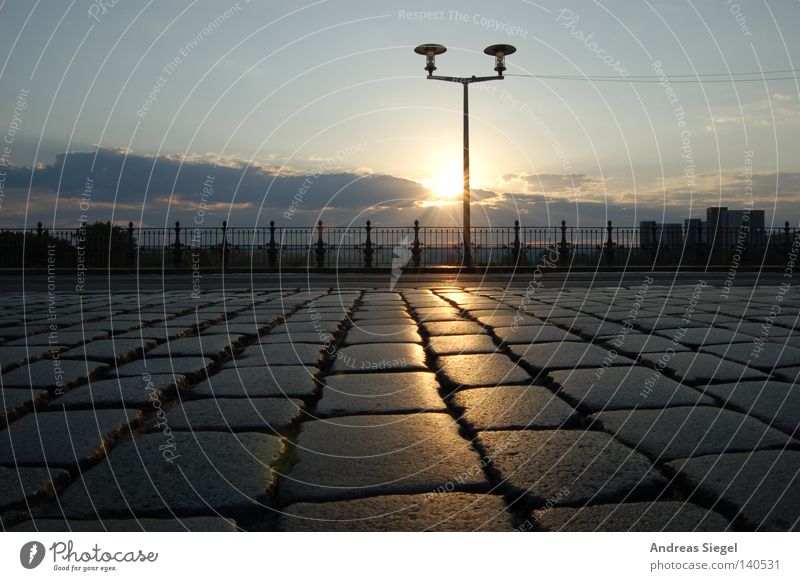 blank Dresden Sunrise Morning Bridge Lantern Stone Street Cobblestones Paving stone Footpath Sidewalk Clouds Seam Reflection Light Cable Arise Floor covering