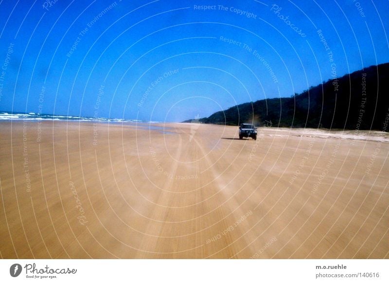 prosecuted Australia Beach Fraser Island Offroad vehicle Pursue Bay Tracks Blue sky Coastal road Summer four-wheel-drive jeep Chase beach trip summer excursion