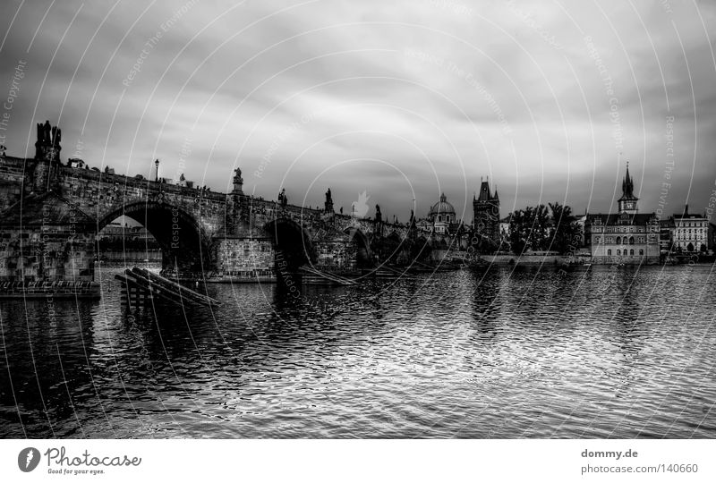 Karluv most Prague Clouds The Moldau Czech Republic Charles Bridge Town Black White Statue Landmark Famousness Column Historic Rain Weather Water River Czechia