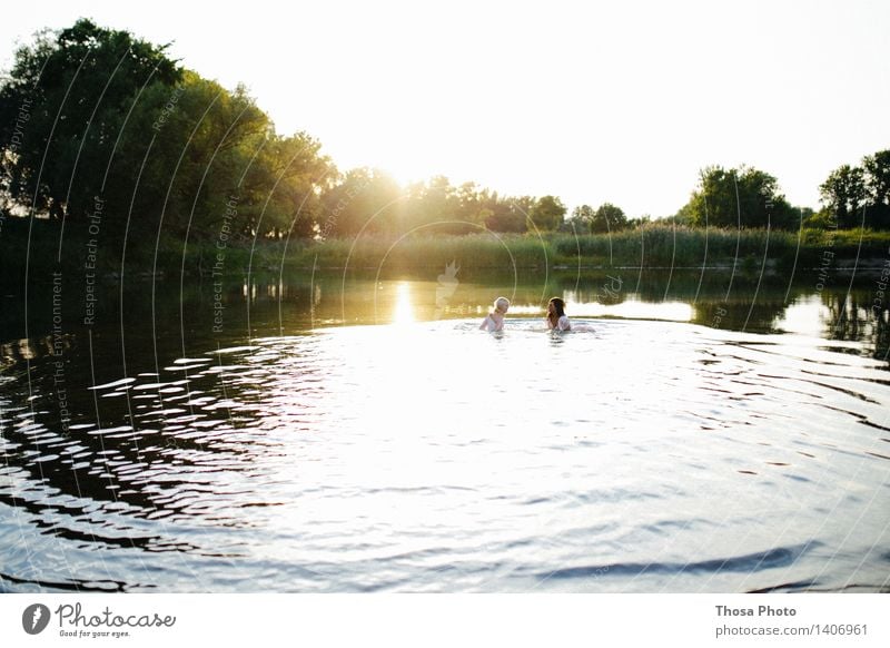 summer evening Woman Adults Swimming & Bathing Sun Lake Nature Water Waves Colour photo Evening Twilight