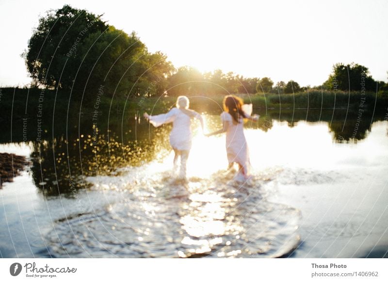 Summer evening III Feminine 2 Human being Sunrise Sunset Beautiful Athletic Lake Running Dress Swimming & Bathing Colour photo