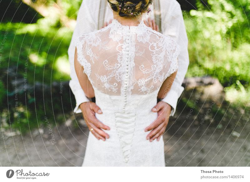 Weddingday Masculine Feminine 2 Human being Bright Beautiful Love Couple Point Buttons Dress Wedding dress Colour photo Sunlight Rear view