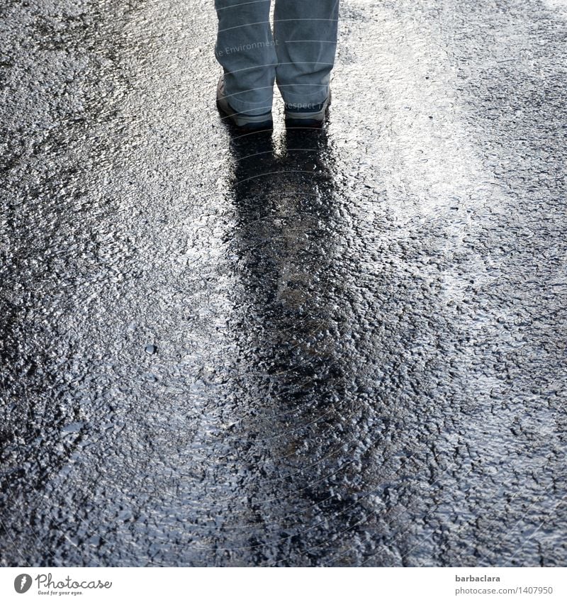 Stand with both legs on the ground Human being Feminine Legs Feet 1 Earth Rain Street Lanes & trails Pants Hiking boots Wet Gray Movement Relaxation