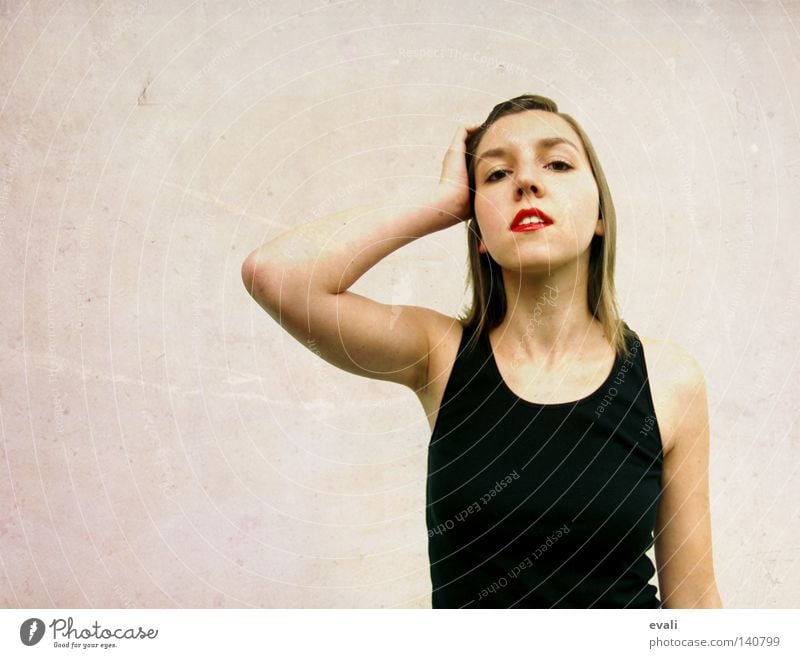 I wanna walk this world with you Portrait photograph Woman Hand Lips T-shirt Black Red Face Arm Hair and hairstyles Nose Mouth red lips eyes