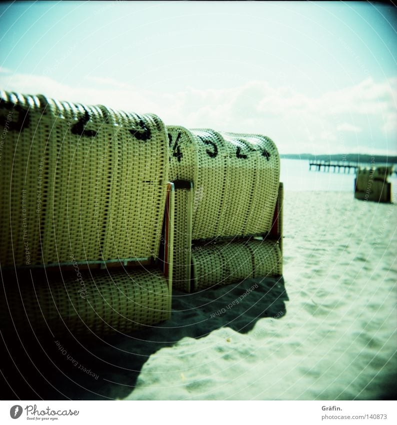 wicker beach chairs Holga Medium format Roll film Beach Waves Ocean Beach chair Summer Grain of sand Leisure and hobbies Tourist Summer vacation