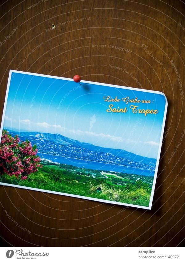 Greetings from... Card Retro Vacation & Travel Azure blue Summer Mediterranean Summer vacation Salutation Information Hello Bulletin board Pin Wood Wooden door