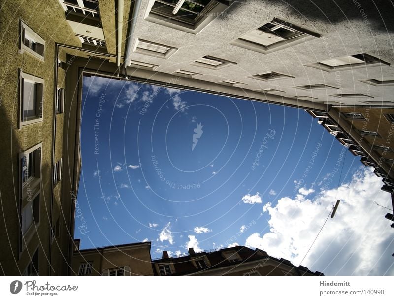 LOKALKOLORIT dead end? House (Residential Structure) Window Street lighting Lantern Steel cable Clouds Sky Beautiful weather Covered Blue White Bavaria Munich