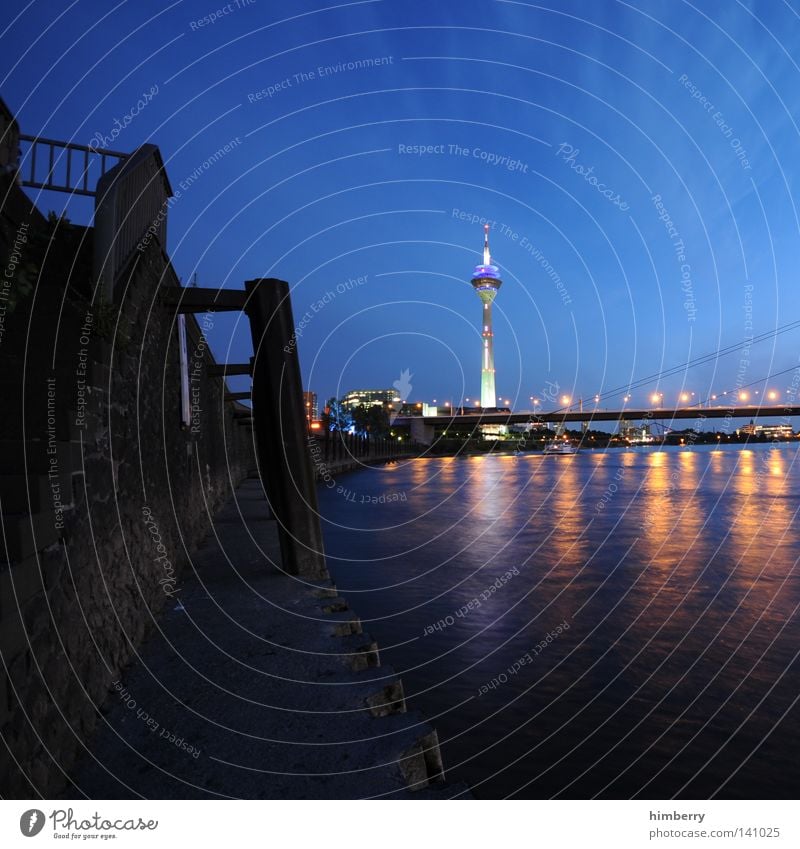 finalized in berlin Duesseldorf Rhine Rheinturm Television tower Town Evening Lifestyle Modern Street Blue Night life Lamp Lighting Event lighting Tower