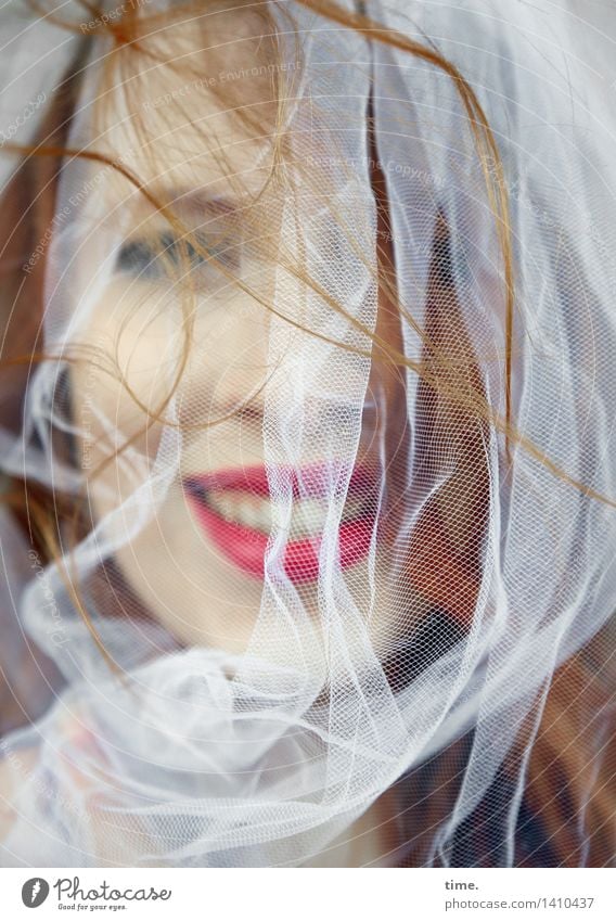 laughing redhead woman with white veil Feminine 1 Human being Cloth Rag Vail Lipstick Red-haired Long-haired Observe Smiling Laughter Looking Friendliness