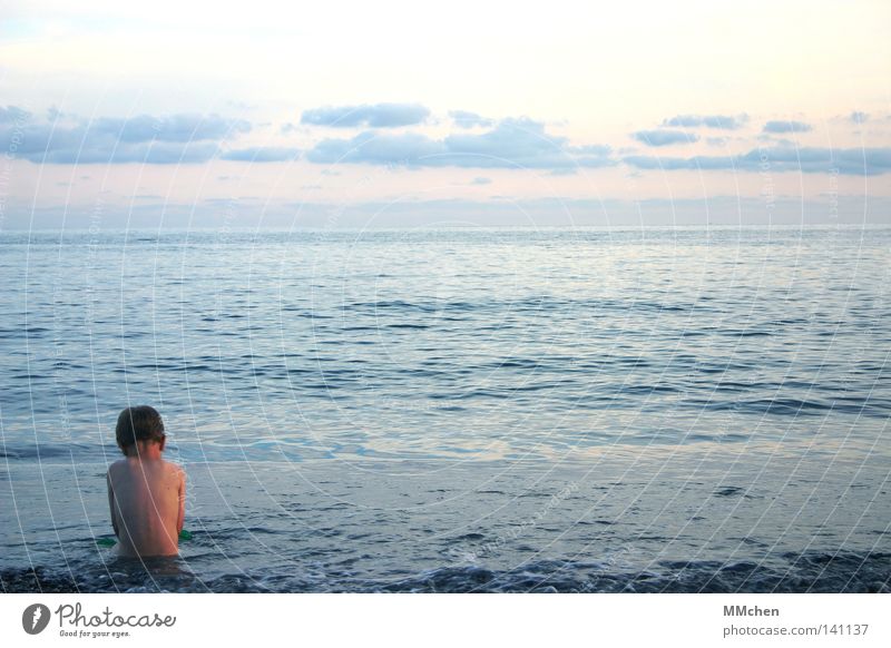 Whose world is this? Child Ocean Beach Evening Sun Evening sun Deepen Bathroom Swimming & Bathing Blue Pink Sky Clouds Horizon Pebble Playing Summer Water Dusk