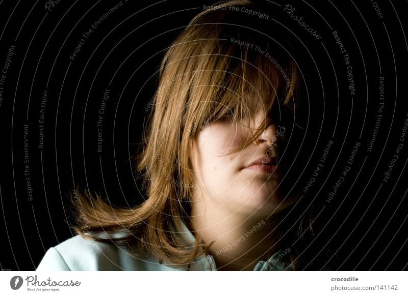 blinded by the hair Woman Feminine Hair and hairstyles Concealed Blind Nose Lips Mouth Low-key Mysterious Softbox Dark Beautiful Feeble