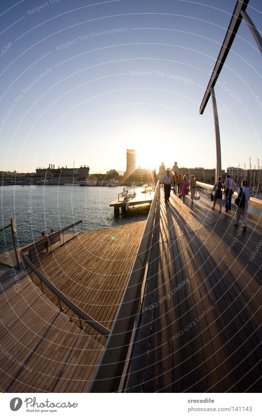 Barcelona III Bridge Meschen Harbour Spain Column Shadow Sun Stars Back-light Going Life Wood Wooden board Ocean House (Residential Structure) High-rise Man