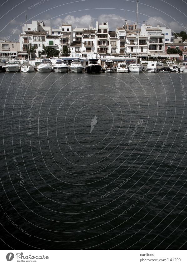 Greetings from Porto Petro Spain Balearic Islands Majorca Safety Storm Yacht harbour Watercraft Drop anchor Mole Ocean Black Harbour Beach Coast Protection