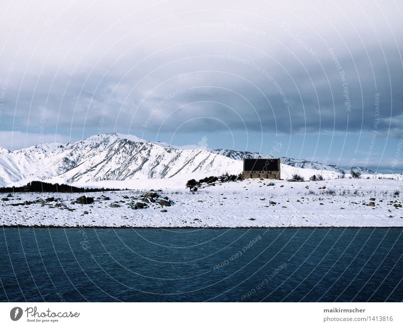 Old church in the snow Calm Winter Winter vacation Mountain Hiking Landscape Snow Alps Lakeside Deserted Church Historic Cold Beautiful Blue White New Zealand