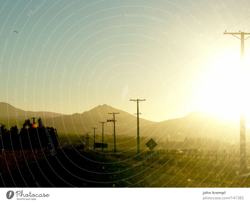 Road to nowhere New Zealand South Island Islands Lanes & trails Light Evening Twilight Sunset Electricity pylon Signs and labeling Blue Homesickness Wanderlust