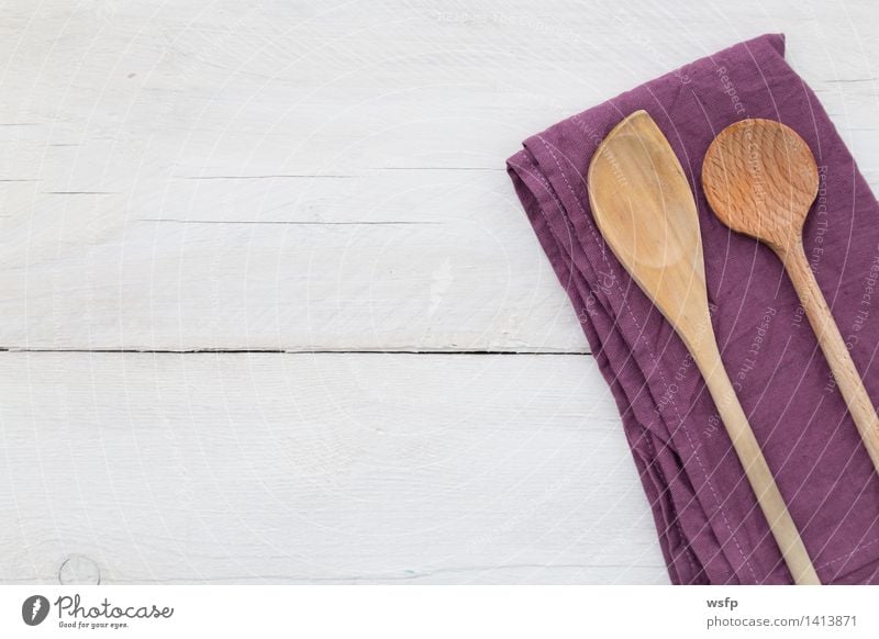 Cooking spoon background Kitchen Restaurant Gastronomy Wooden spoon Old Violet White Napkin Wooden board two Wooden table Wooden sign Bright background boards