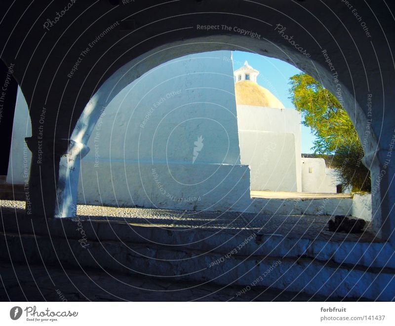 arch idyll Light Shadow Contrast Sun Plant Bushes Church Tower Bright Point Gold Green Perspective Column Archway Domed roof Vista Shaft of light